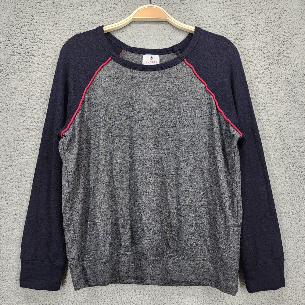 SUNDRY Raglan Sweatshirt Heather Grey Navy Pink Trim Pullover Women Size 1 Small